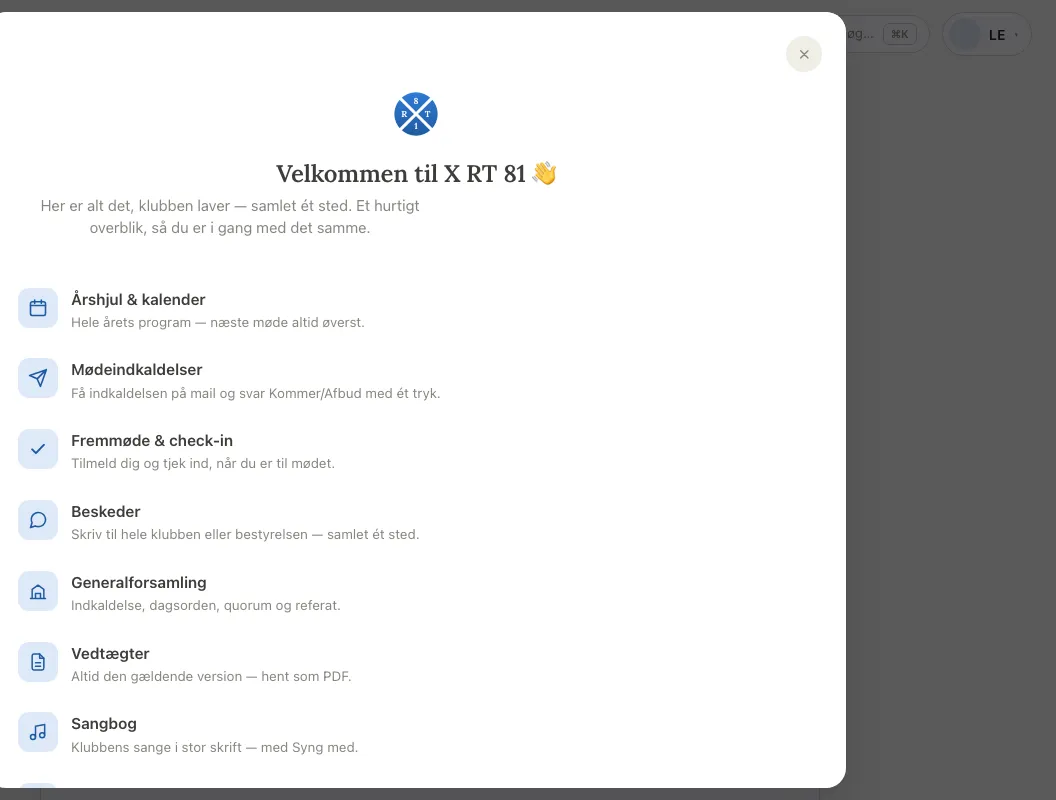 X RT 81 app — hjemskærm med møde-oversigt